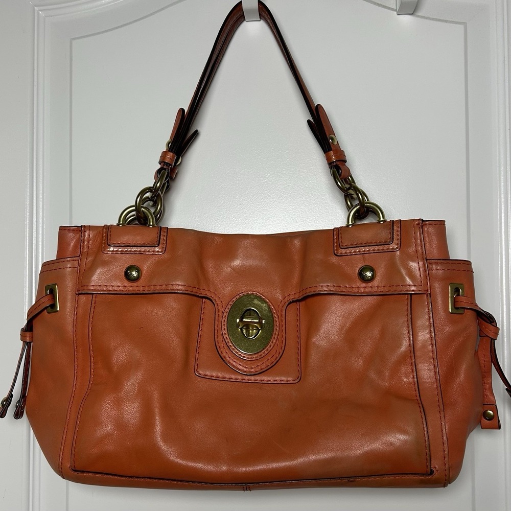 Coach 2009 Orange Peyton Leather Brass Hardware Turnlock Carryall Shoulder Bag